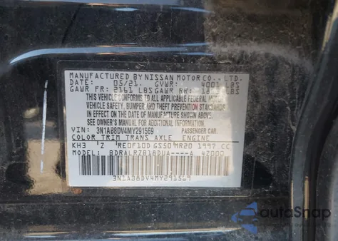 2021 Nissan Sentra Sr Xtronic Cvt z USA, uszkodzony, nr VIN 3N1AB8DV4MY291569